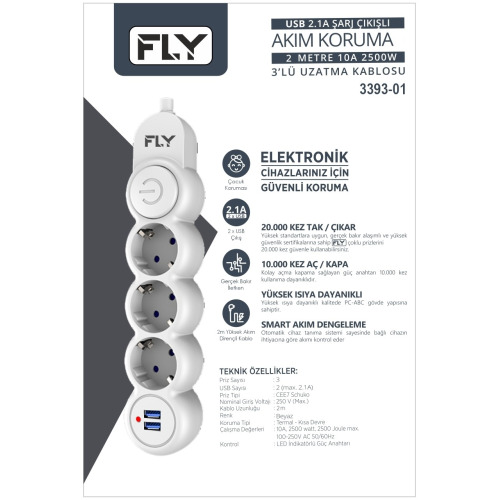 FLY FLY 3393-01, 3 Soket, 2 USB, Akım Korumalı Priz, 2.1A, Anahtarlı, 2Mt Kablo, (Beyaz)-59097