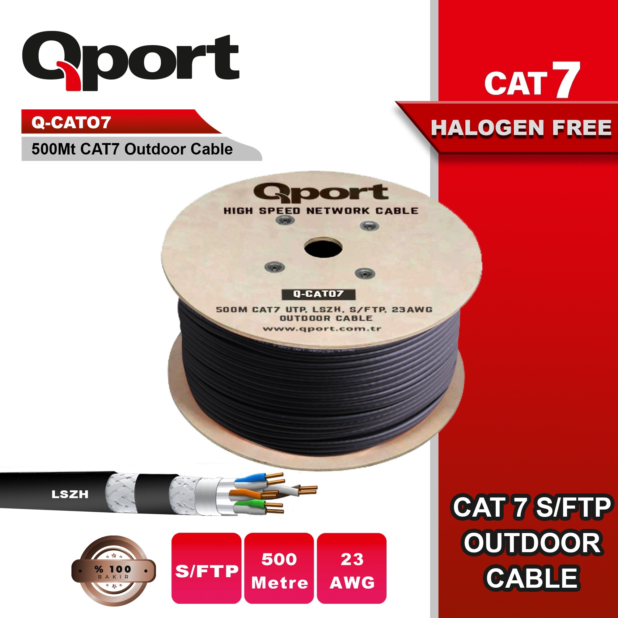 QPORT Qport 500 Metre Q-CATO7 LSOH Halogeen Free Cat7 Kablo