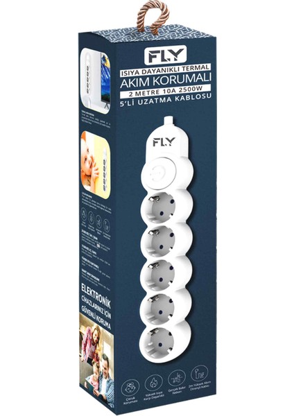 FLY FLY 3394-01, 5 Soket, Akım Korumalı Priz, 2.1A, Anahtarlı, 2Mt Kablo, (Beyaz)-51540