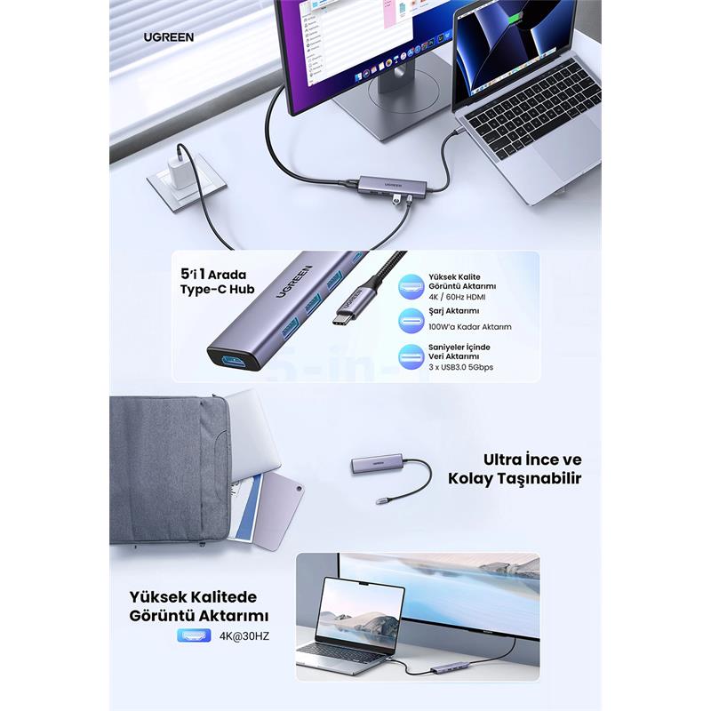 UGREEN UGREEN 5IN1 USB-C 100W PD 4K HDMI HUB ÇOKLAYICI GRİ 15596 -50361