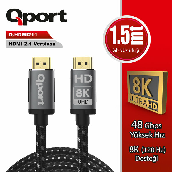 QPORT Qport 1.5 Metre Q-HDMI211 2.1V 8K Altın Uçlu Örgülü HDMI Kablo (Q-HDMI211)