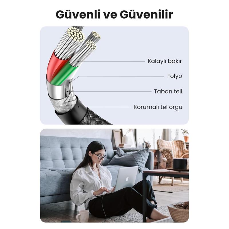 UGREEN UGREEN USB-C 60W 3A QC PD ÖRGÜLÜ HIZLI ŞARJ KABLOSU 1 MT SİYAH 50150 -50411