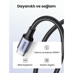 UGREEN UGREEN USB-C 60W 3A QC PD ÖRGÜLÜ HIZLI ŞARJ KABLOSU 1 MT SİYAH 50150 -69736