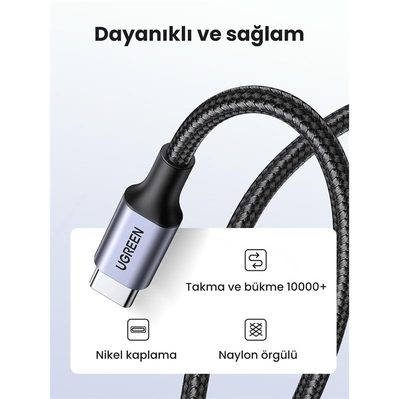 UGREEN UGREEN USB-C 60W 3A QC PD ÖRGÜLÜ HIZLI ŞARJ KABLOSU 1 MT SİYAH 50150 -50412