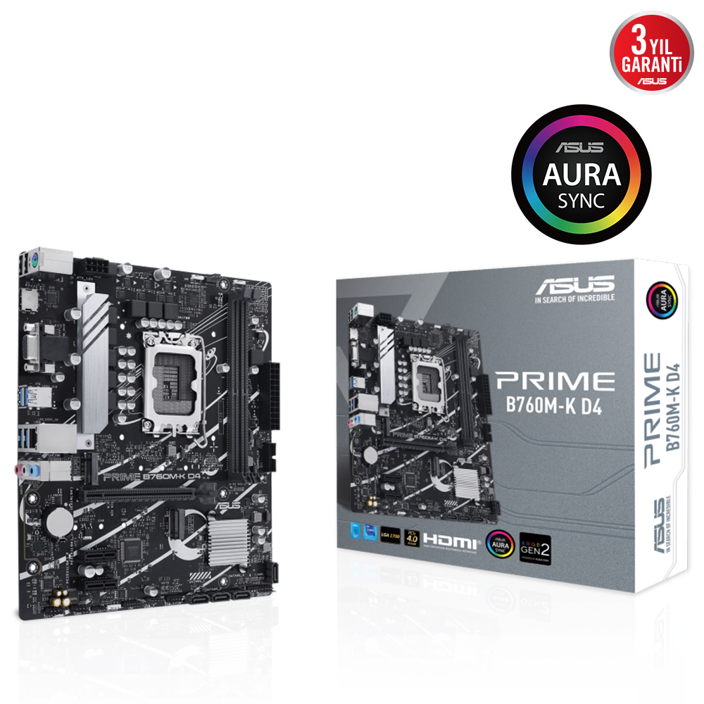 ASUS ASUS MB PRIME B760M-K D4 INTEL B760 LGA1700 DDR4 5333 HDMI VGA 2x M2 USB3.2 AURA RGB 2.5Gbit LAN mATX ASUS 5X PROTECTION III ARM