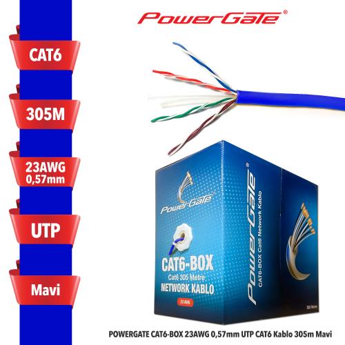 POWERGATE POWERGATE CAT6-BOX-BL, 23AWG 0,57mm, UTP, CAT6 Kablo, 305m, Mavi