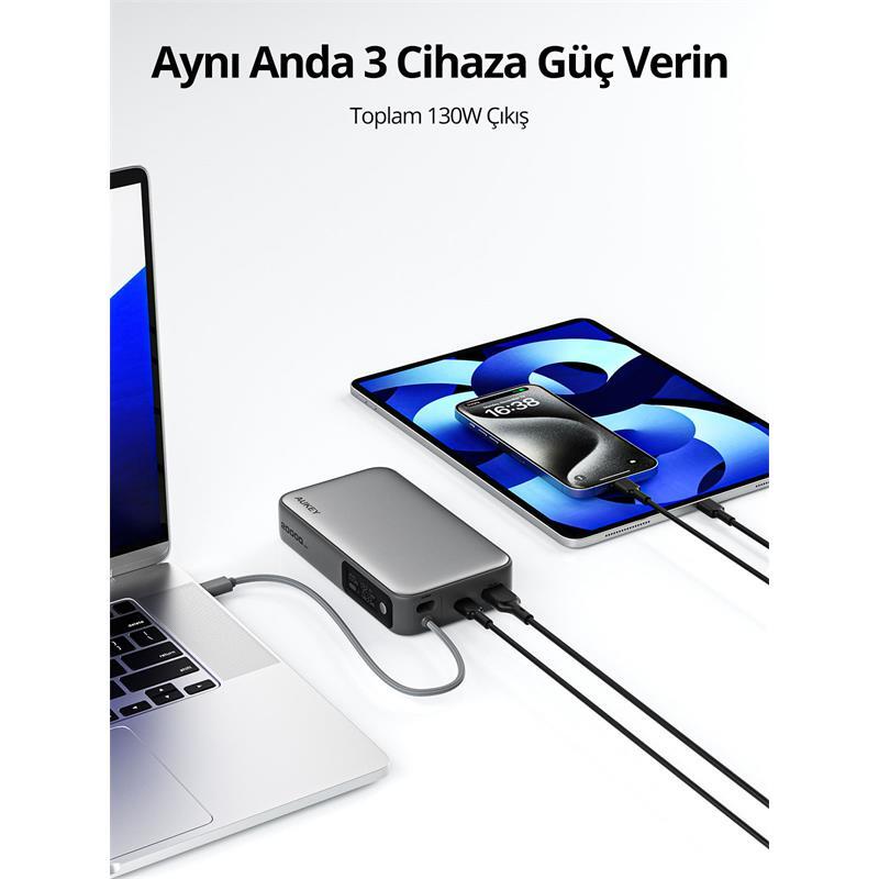 AUKEY AUKEY PB-Y48-GY 100W 20000 MAH PD DAHİLİ TYPE-C KABLOLU POWERBANK -56164