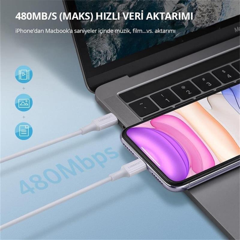 UGREEN UGREEN TYPE-C TO LIGHTNING 3A PD MFİ SERTİFİKALI HIZLI ŞARJ KABLOSU 1 MT BEYAZ 10493 -50438