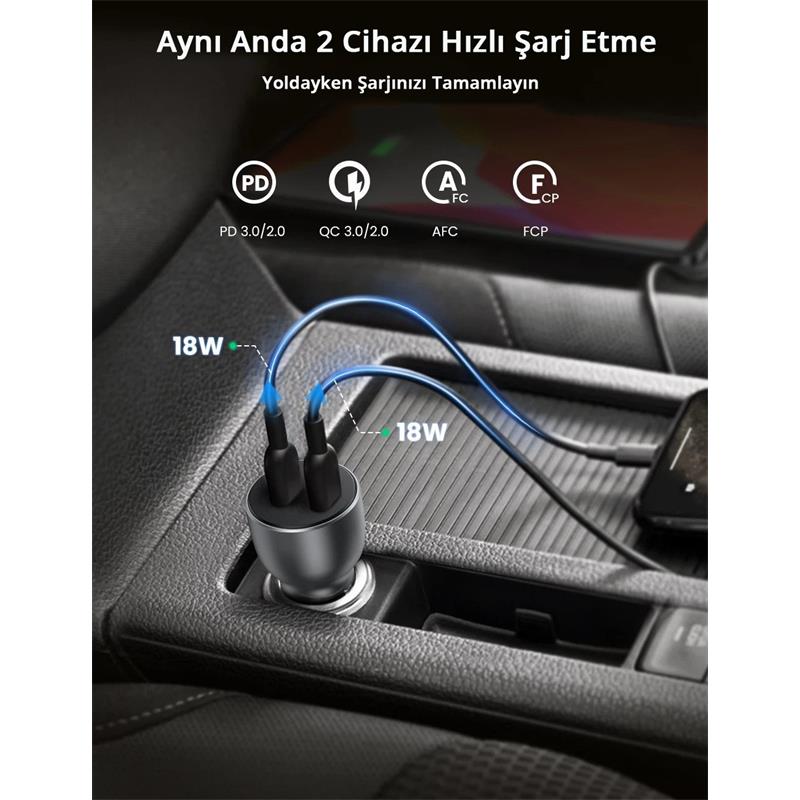 UGREEN UGREEN 40W PD HIZLI ARAÇ İÇİ ŞARJ CİHAZI ÇAKMAKLIK ADAPTÖRÜ 2XUSB-C UZAY GRİSİ 70594 -50454