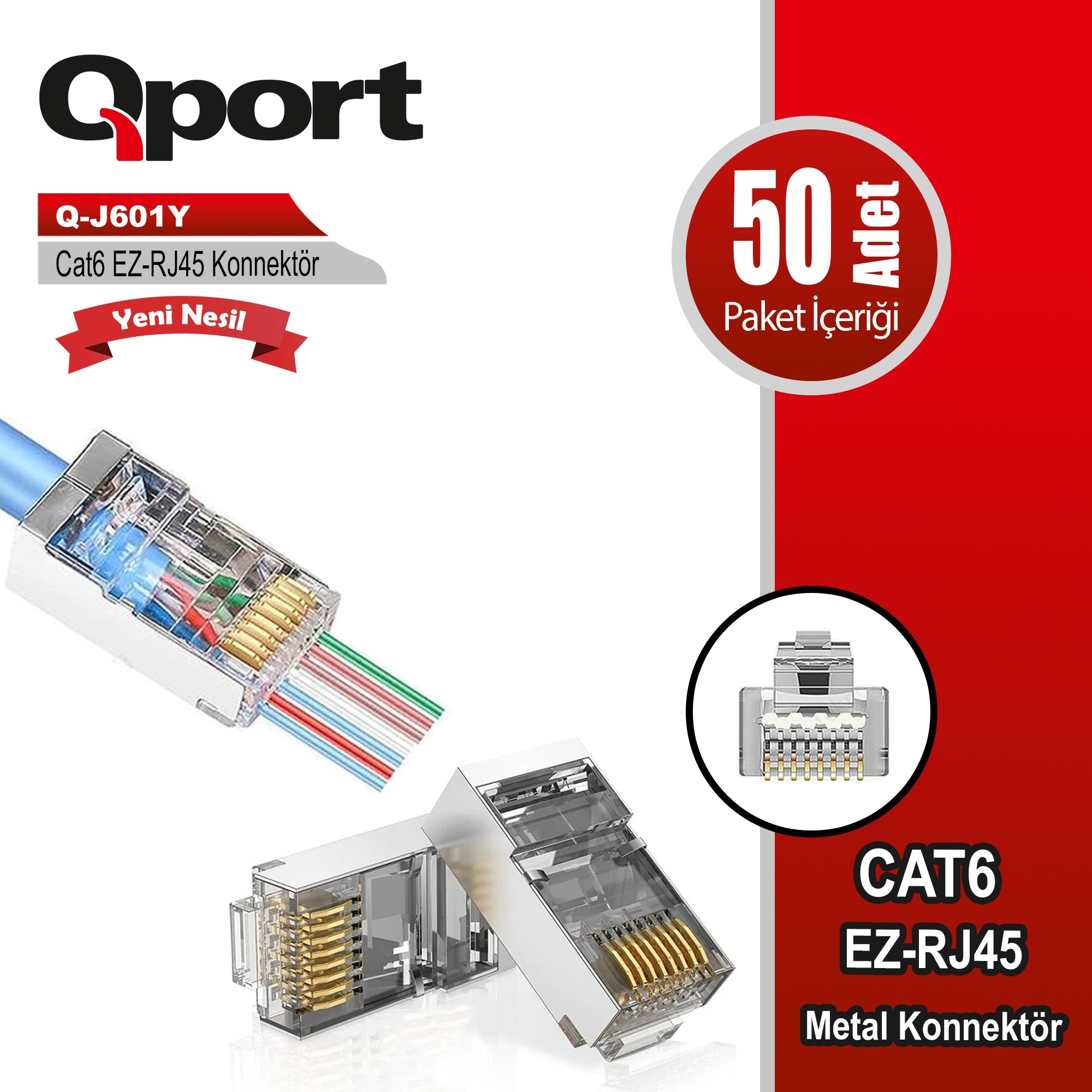 QPORT Qport Q-J601Y CAT6 (50'Lik) EZ-RJ45 Metal Yeni Nesil Delikli Konnektör