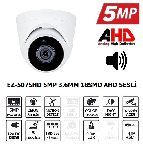EZCOOL EZCOOL EZ-5075HD 5MP 3.6MM 18SMD AHD SESLİ DOME