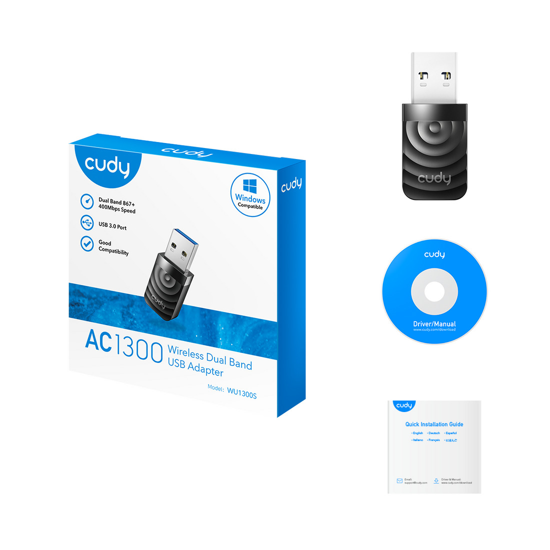 CUDY Cudy WU1300S AC1300 2.4GHz/5GHz 1300Mbps 2dBi Dahili Anten MU-MIMO Kablosuz USB3.0 Wi-Fi Adaptör-62637