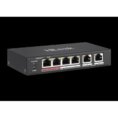 HILOOK HILOOK NS-0106P-35(B), 5 Port, Megabit, 4 Port PoE, 60W, +2 Port Megabit Uplink, Long Range 250Metre, Yönetilemez, Masaüstü Swit