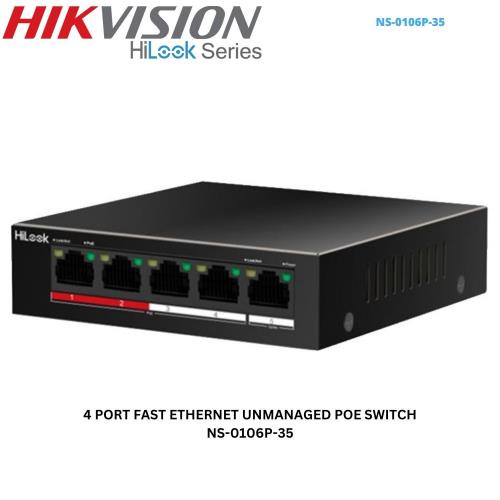 HILOOK HILOOK NS-0106P-35(B), 5 Port, Megabit, 4 Port PoE, 60W, +2 Port Megabit Uplink, Long Range 250Metre, Yönetilemez, Masaüstü Swit-40775
