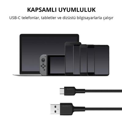 AUKEY CB-CD30-BK NAYLON ÖRGÜLÜ USB-A TYPE-C ŞARJ KABLOSU 0.9M 