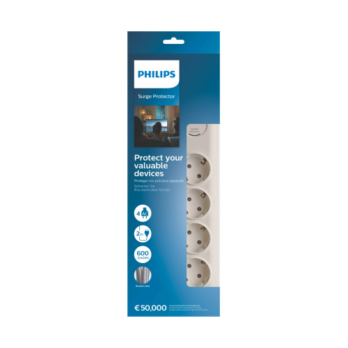 PHILIPS PHILIPS SPN7040WA/62, 4 Soket, Akım Korumalı Priz, 2Mt Kablo, (Beyaz)-55367