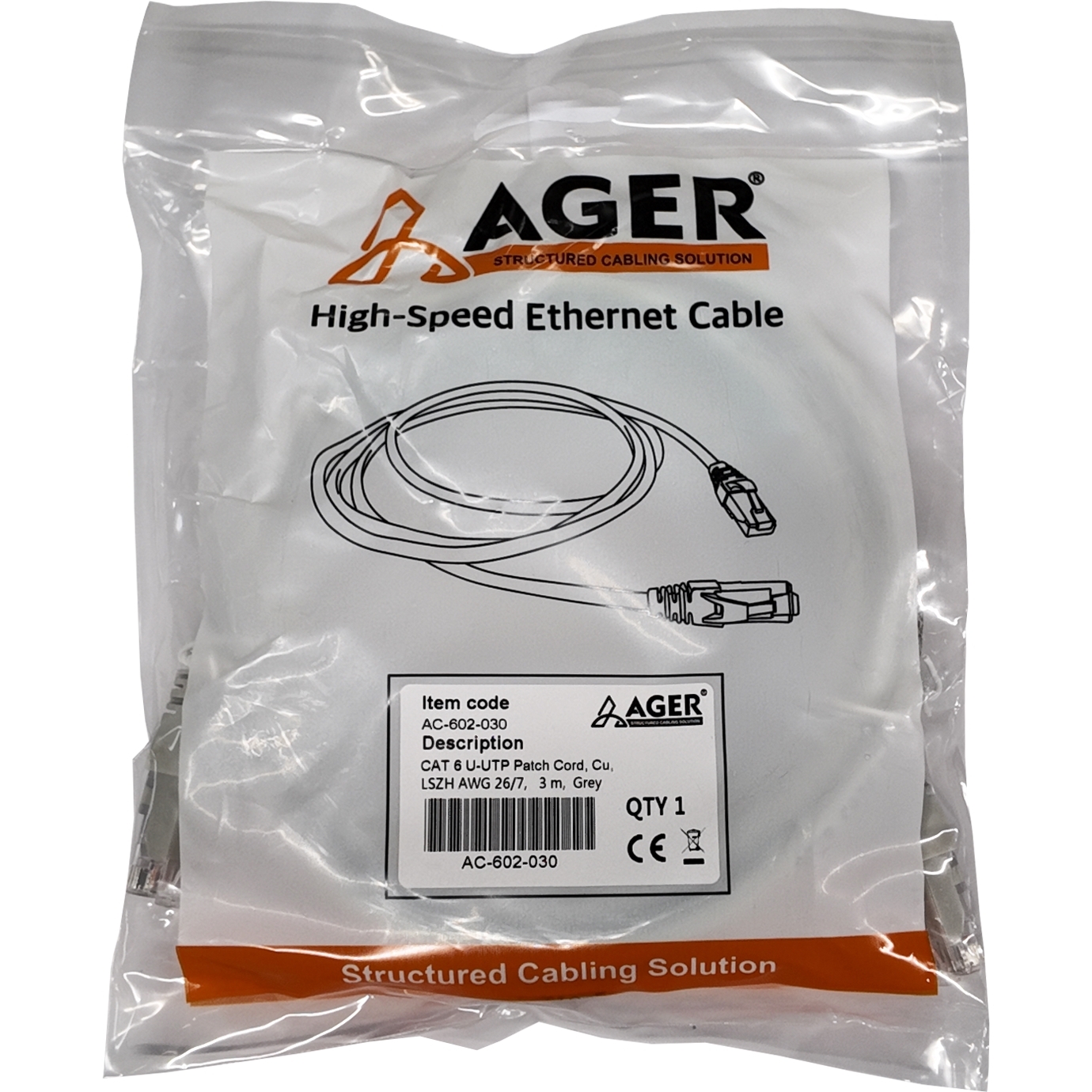 AGER AGER AC-602-030 3 MT UTP CAT6 PATCH KABLO GRI Cu, LSZH AWG 26/7-61328