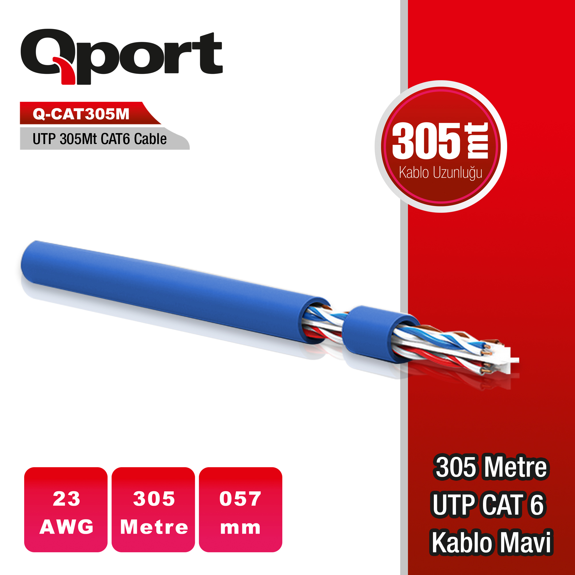 QPORT QPORT Q-CAT6M UTP 305 METRE UTP 23AWG MAVİ NETWORK KABLO