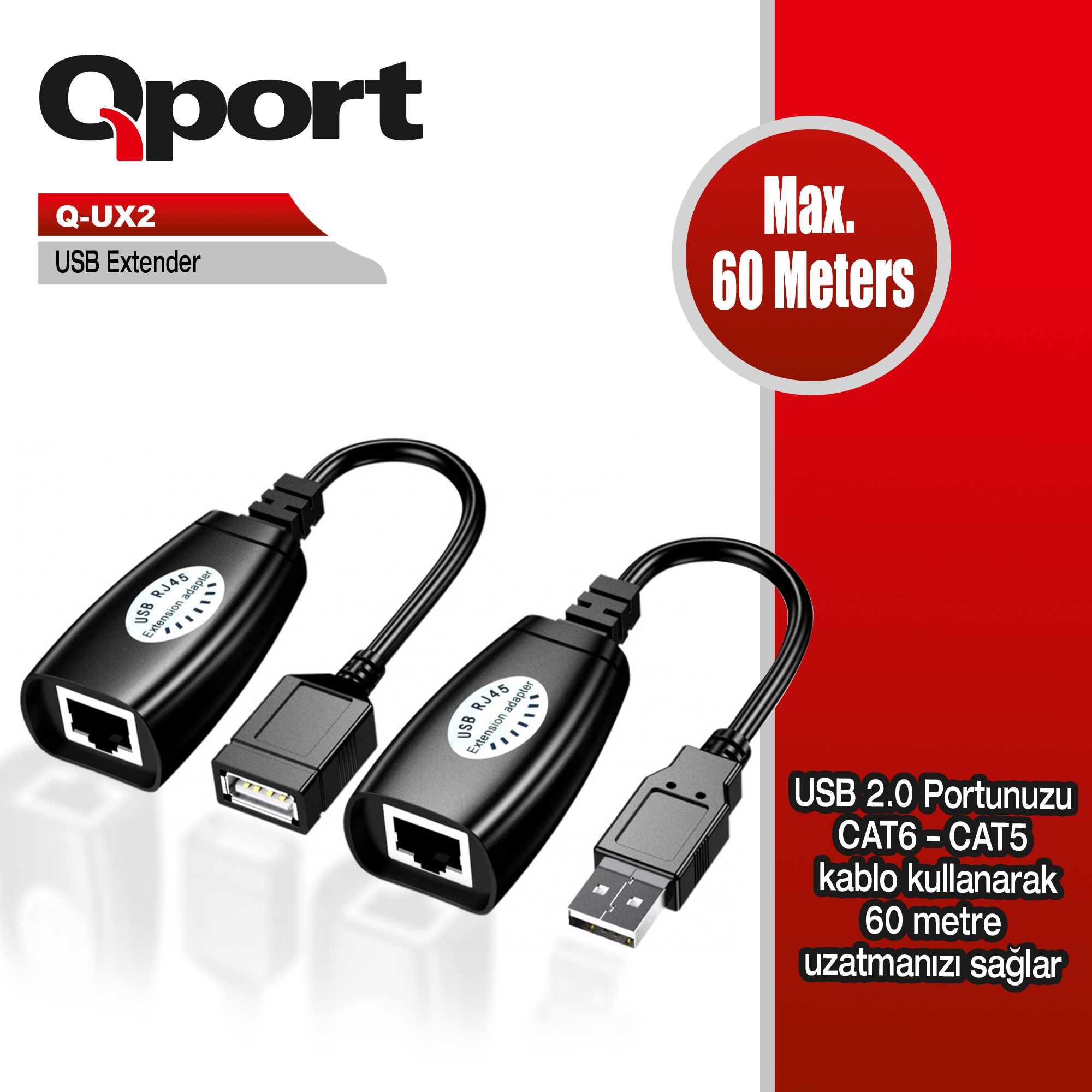 QPORT (Q-UX2) 60 METRE CAT5/CAT6 USB EXTENDER DONUSTURUCU 2'lı PAKET