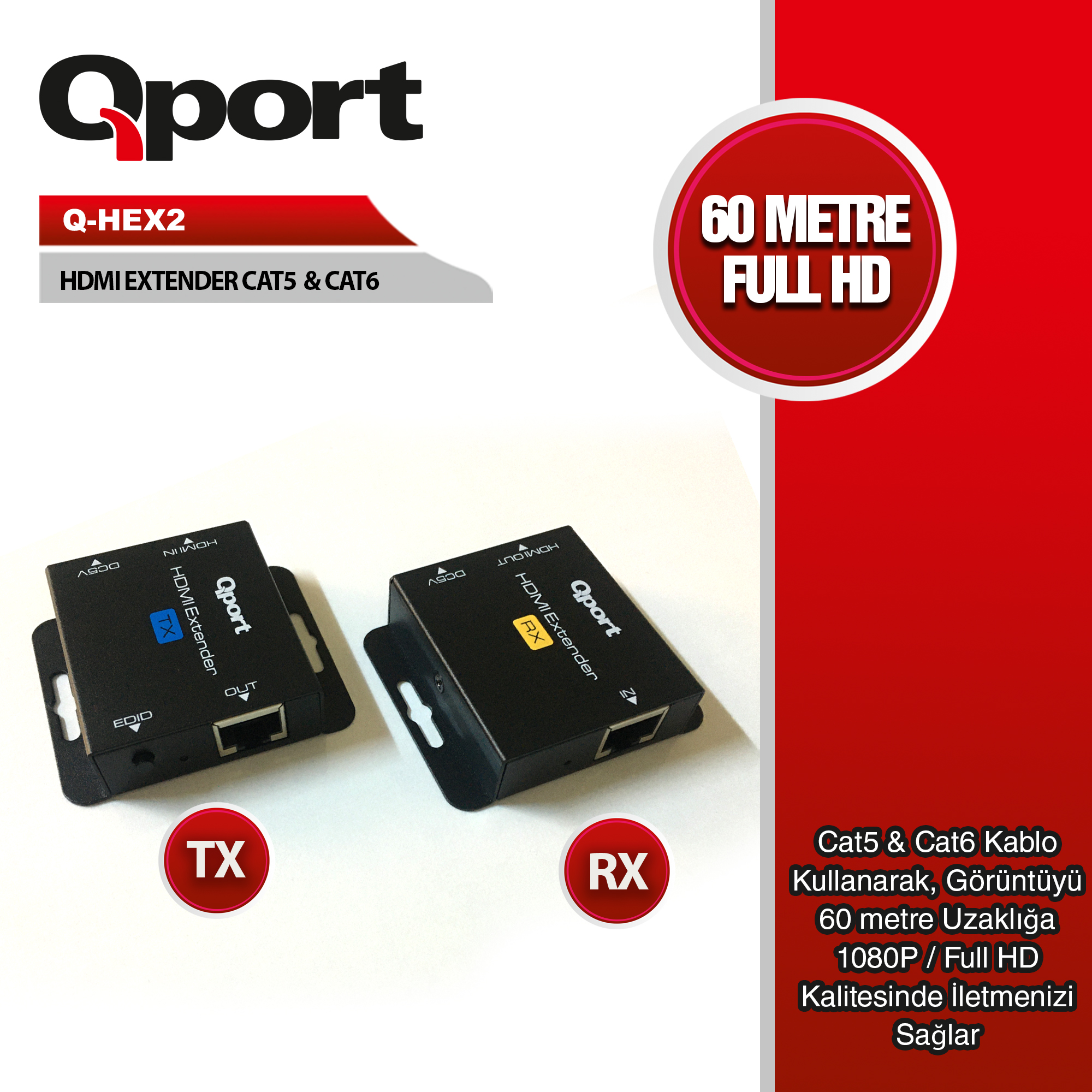 QPORT (Q-HEX2) 60 METRE CAT5/CAT6 HDMI EXTENDER DONUSTURUCU 2'lı PAKET