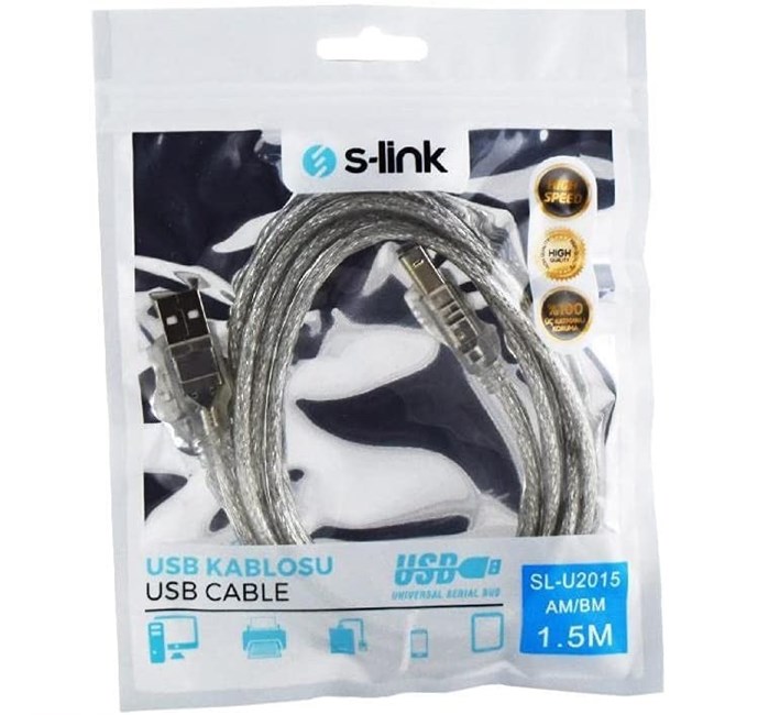 S-LINK S-link SL-U2015 Usb2.0 1.5m Şeffaf Yazıcı Kablo