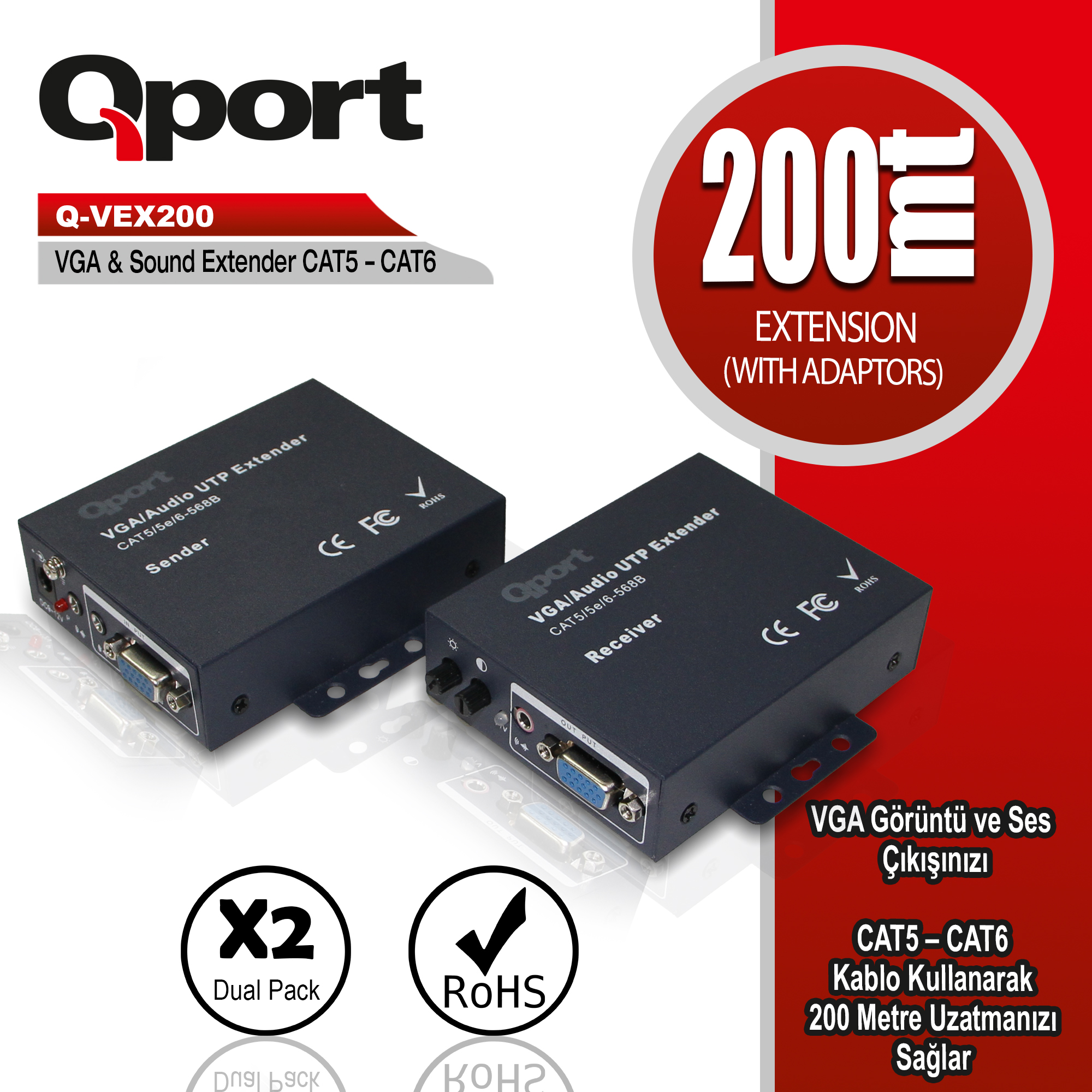 QPORT (Q-VEX200) 200 METRE CAT5/CAT6 VGA EXTENDER DONUSTURUCU 2'lı PAKET