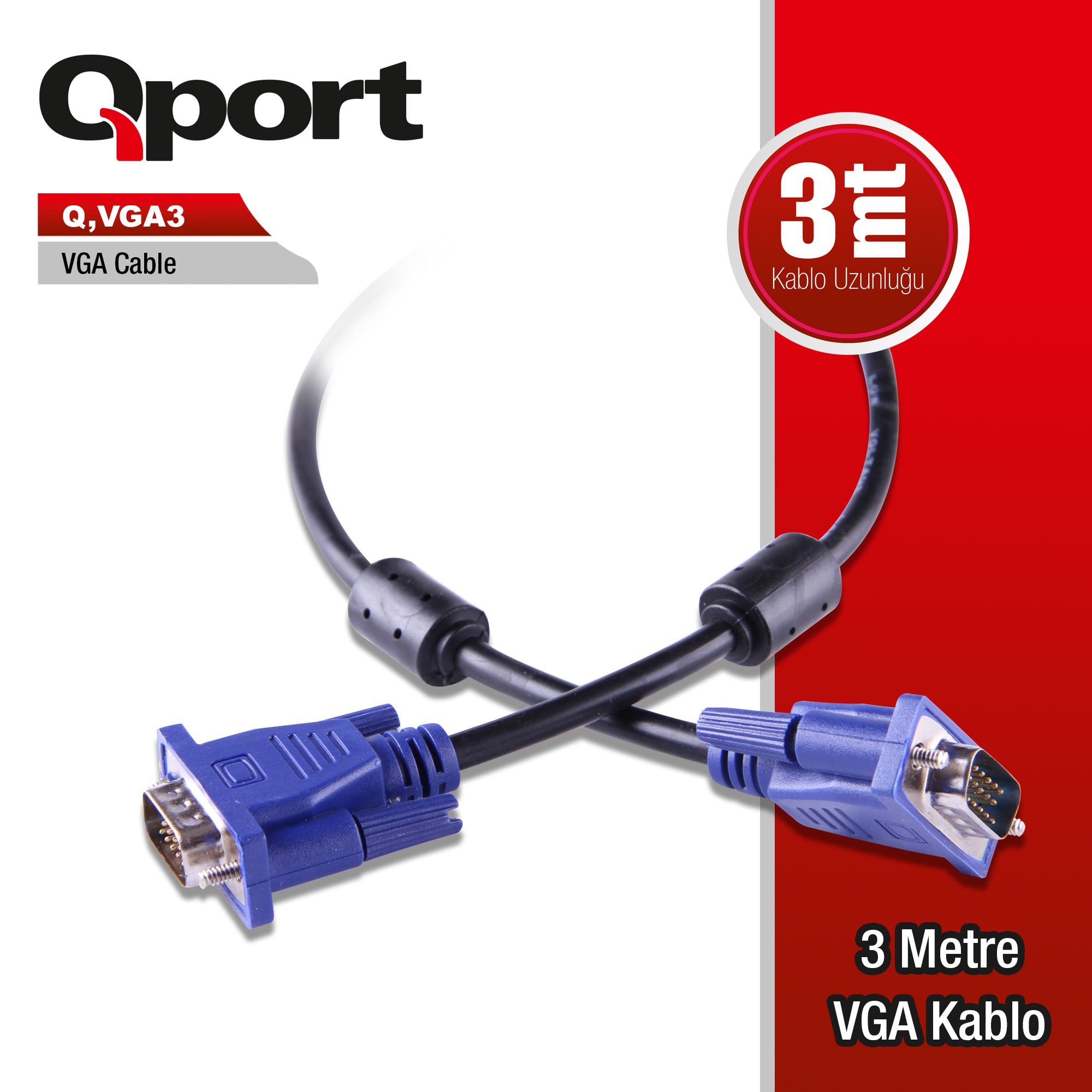 QPORT Q-VGA3 QPORT Q-VGA3 15 PİN FİTRELİ 3 METRE ERKEK ERKEK MONİTÖR KABLO