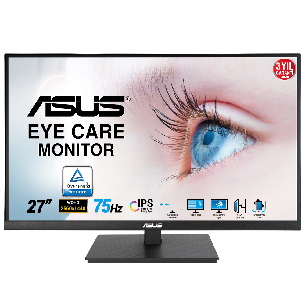 ASUS VA27AQSB 27 IPS FREESYNC 2560x1440 1MS (MPRT) 75HZ DP HDMI USB X2 MM VESA 3YIL EYECARE, FLICKER-FREE,CERCEVESIZ,DUSUK MAVI ISIK,