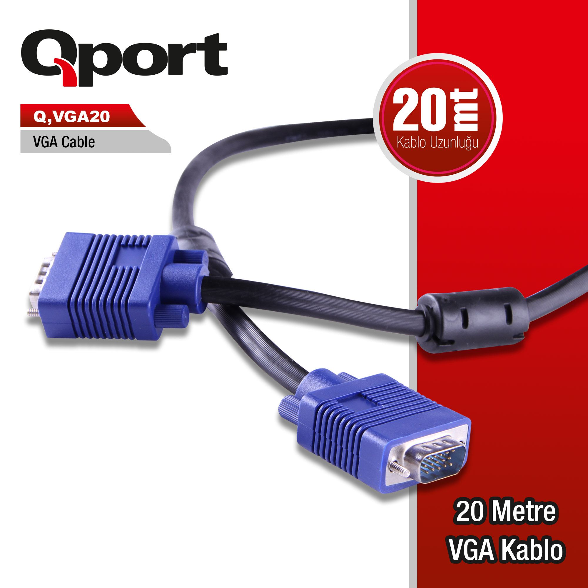 QPORT Q-VGA20 QPORT Q-VGA20 15 PİN FİTRELİ 20 METRE ERKEK ERKEK MONİTÖR KABLO