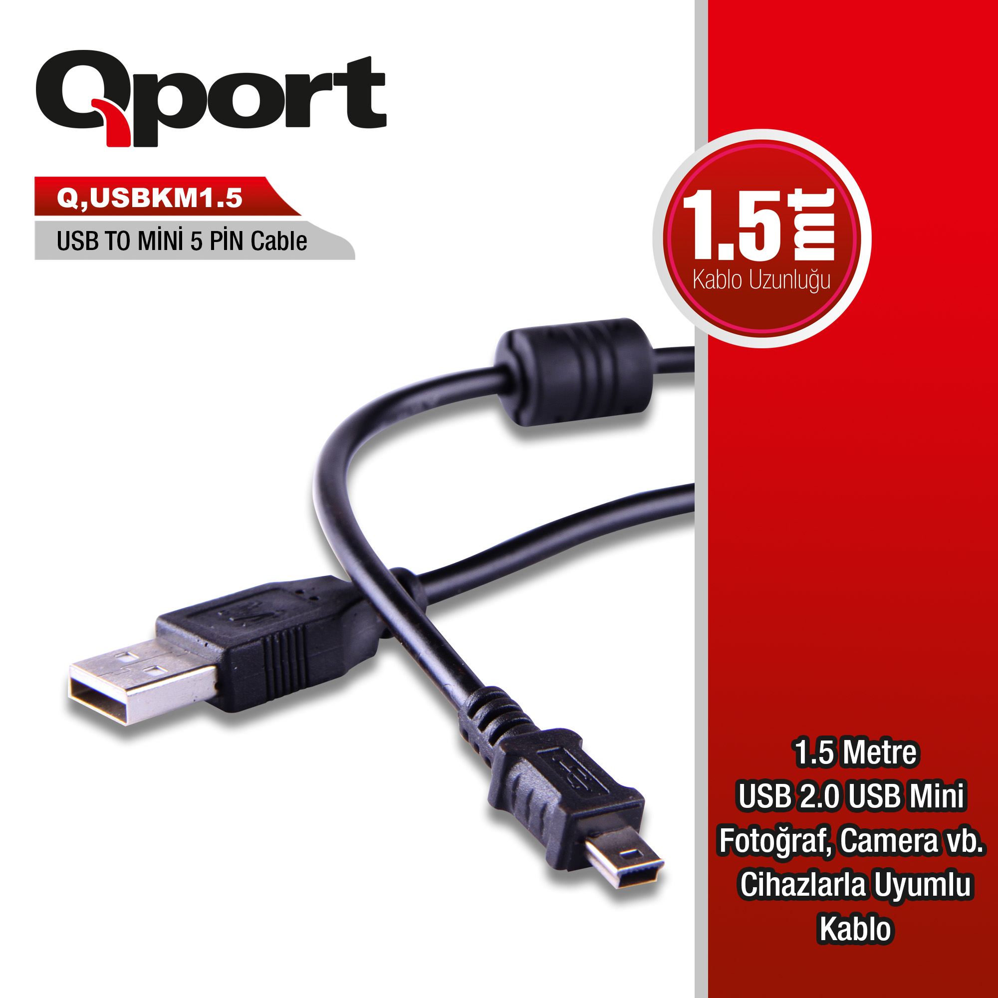 QPORT Q-USBKM1_5 QPORT Q-USBKM1.5 1.5 METRE 5PİN KAMERA USB 2.0 ŞARJ DATA KABLOSU