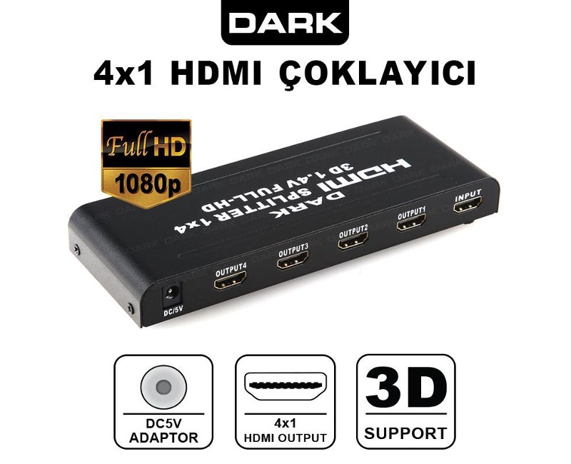 DARK Dark DK-HD-SP4X1 Full HD 1 Giriş 4 Port HDMI Split
