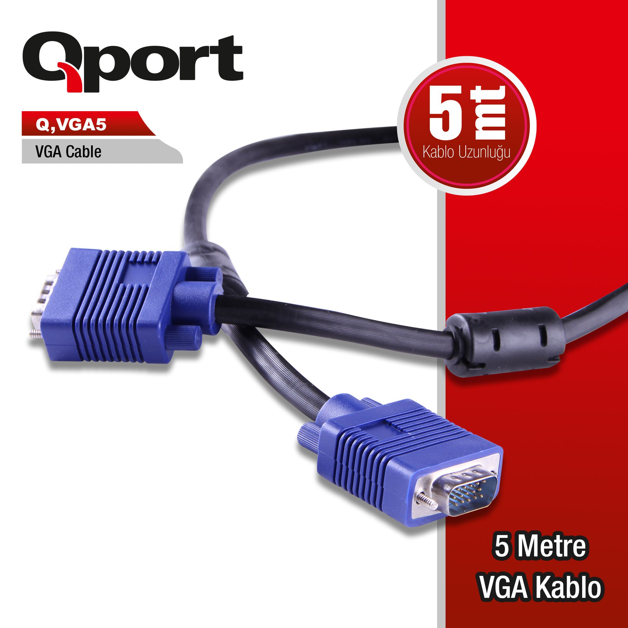 QPORT Q-VGA5 QPORT Q-VGA5 15 PİN FİTRELİ 5 METRE ERKEK ERKEK MONİTÖR KABLO