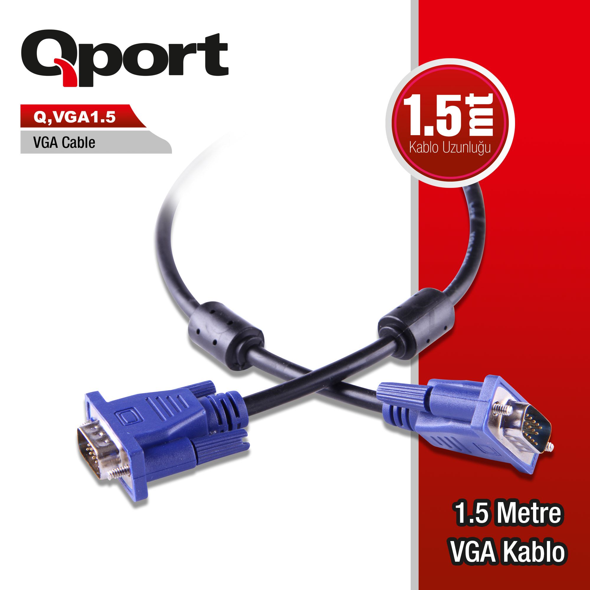 QPORT Q-VGA1_5 QPORT Q-VGA1.5 15 PİN FİTRELİ 1.5 METRE ERKEK ERKEK MONİTÖR KABLO