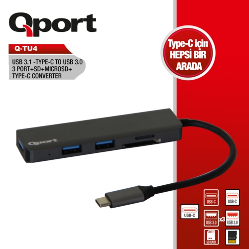 QPORT Q-TU4 Type-C To Usb 3x3.0port+Type-C (F) Çev